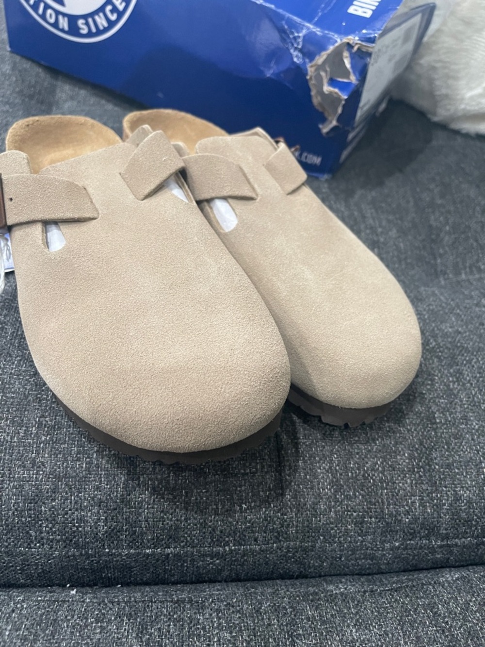 Birkenstock Boston BS Taupe Soft Suede Clogs - Picture 3 of 5